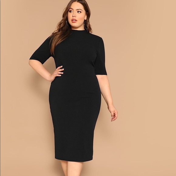 Plus Mock Neck Solid Pencil Dress - Black - Picture 1 of 2